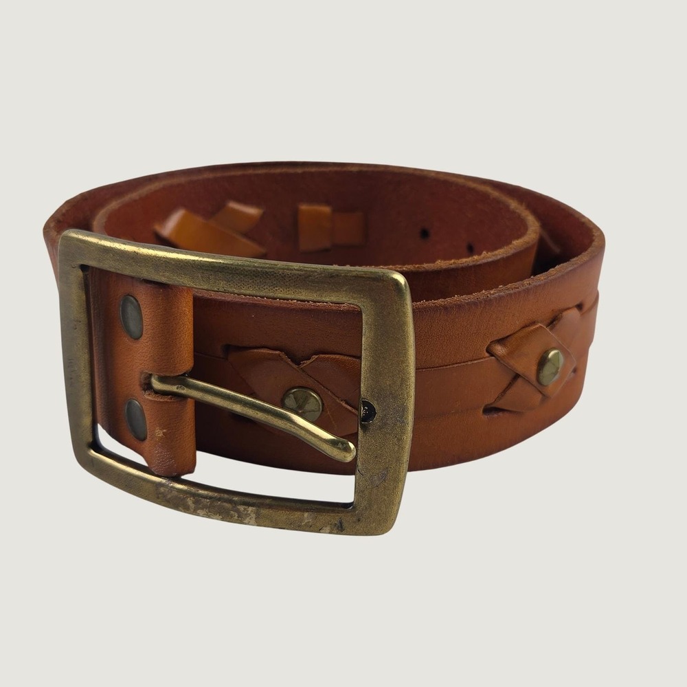 Vintage Linea Pelle Tan Leather Belt S/M Solid Brass Buckle Cowgirl Boho